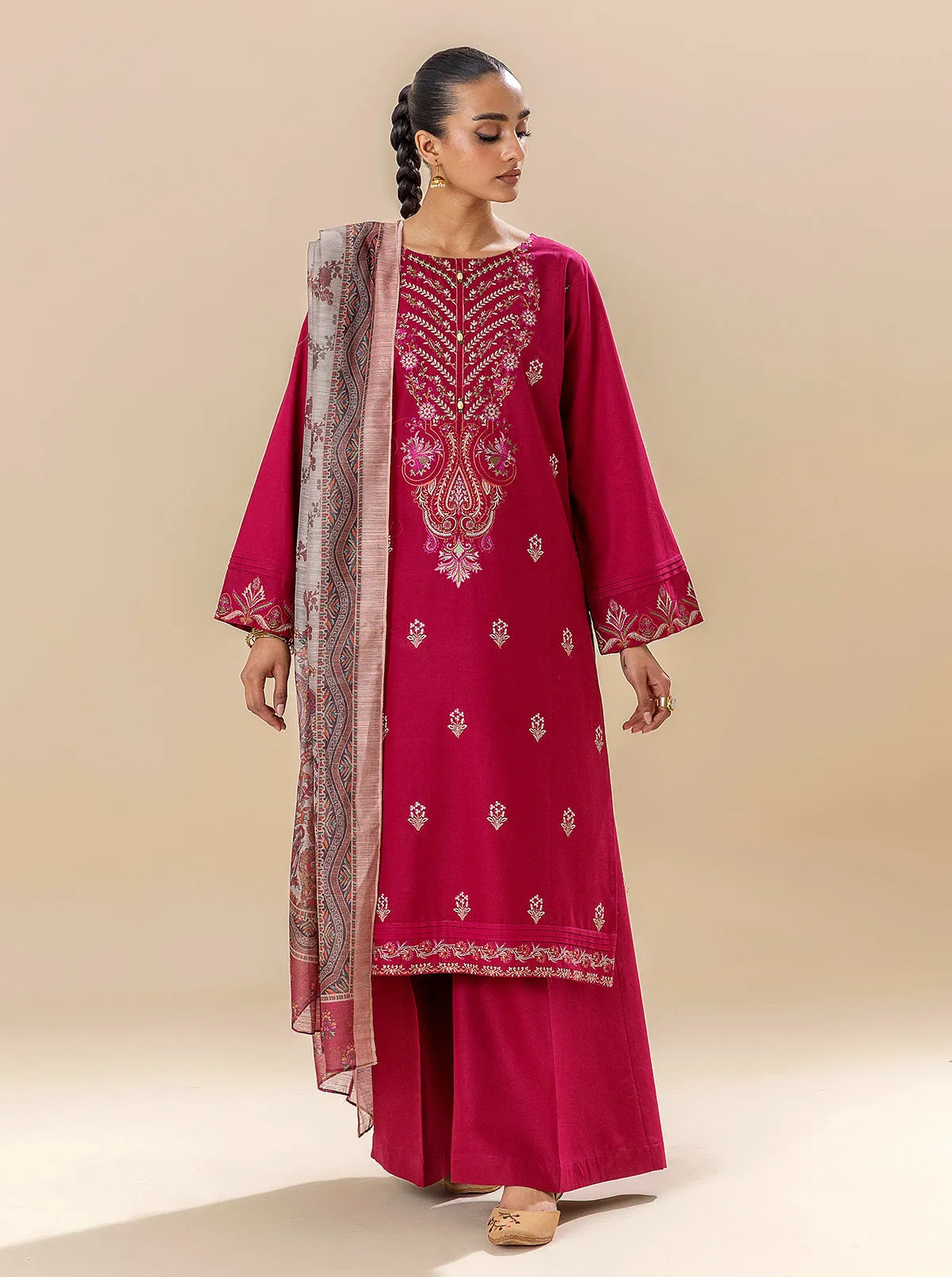 3 PIECE EMBROIDERED LAWN SUIT-RASPBERRY COULIS (UNSTITCHED)