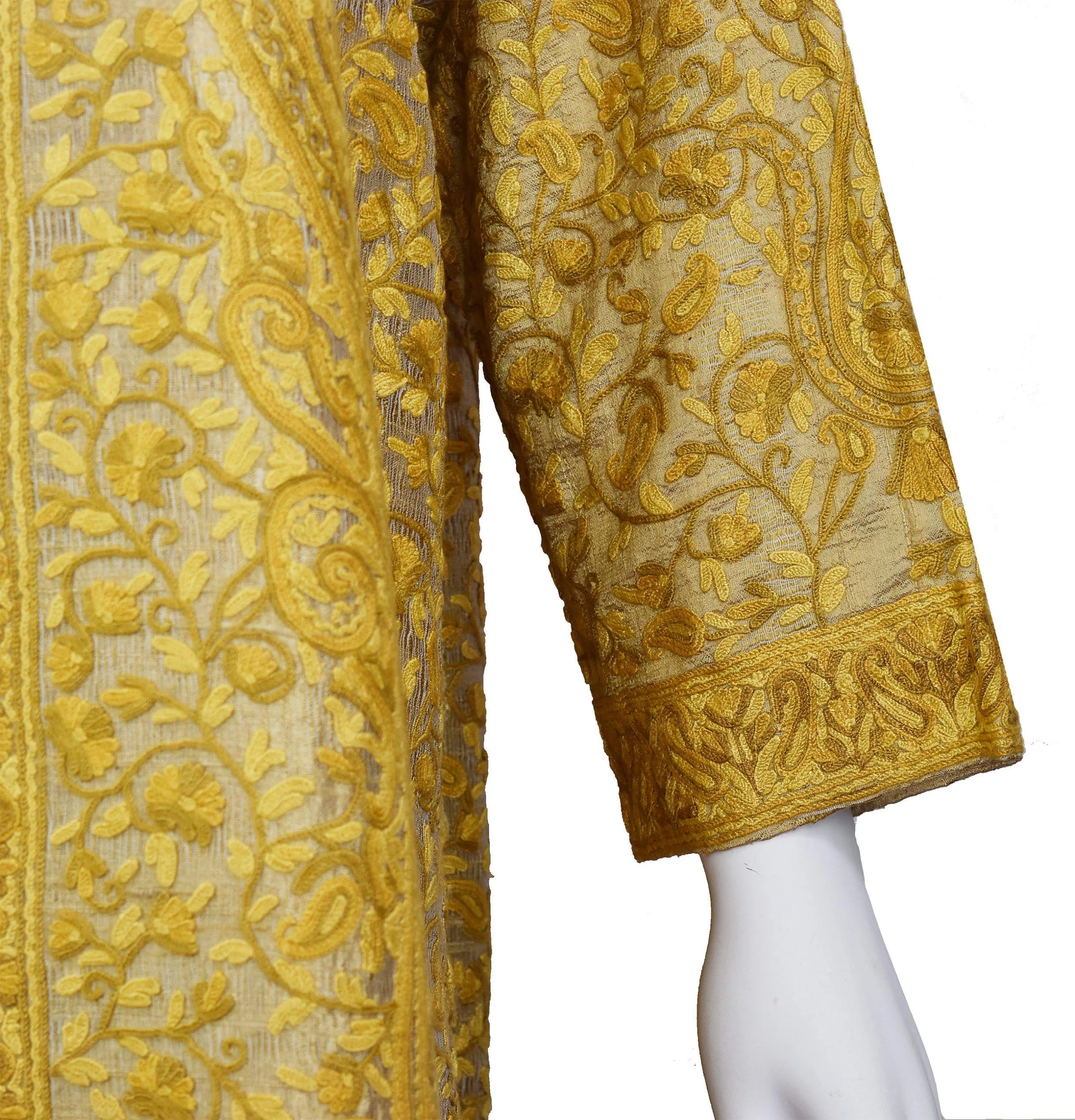 Arete Silk Jacket Dinner Paisley Beige Tan Evening Dress Coat Hand Embroidered Kashmir