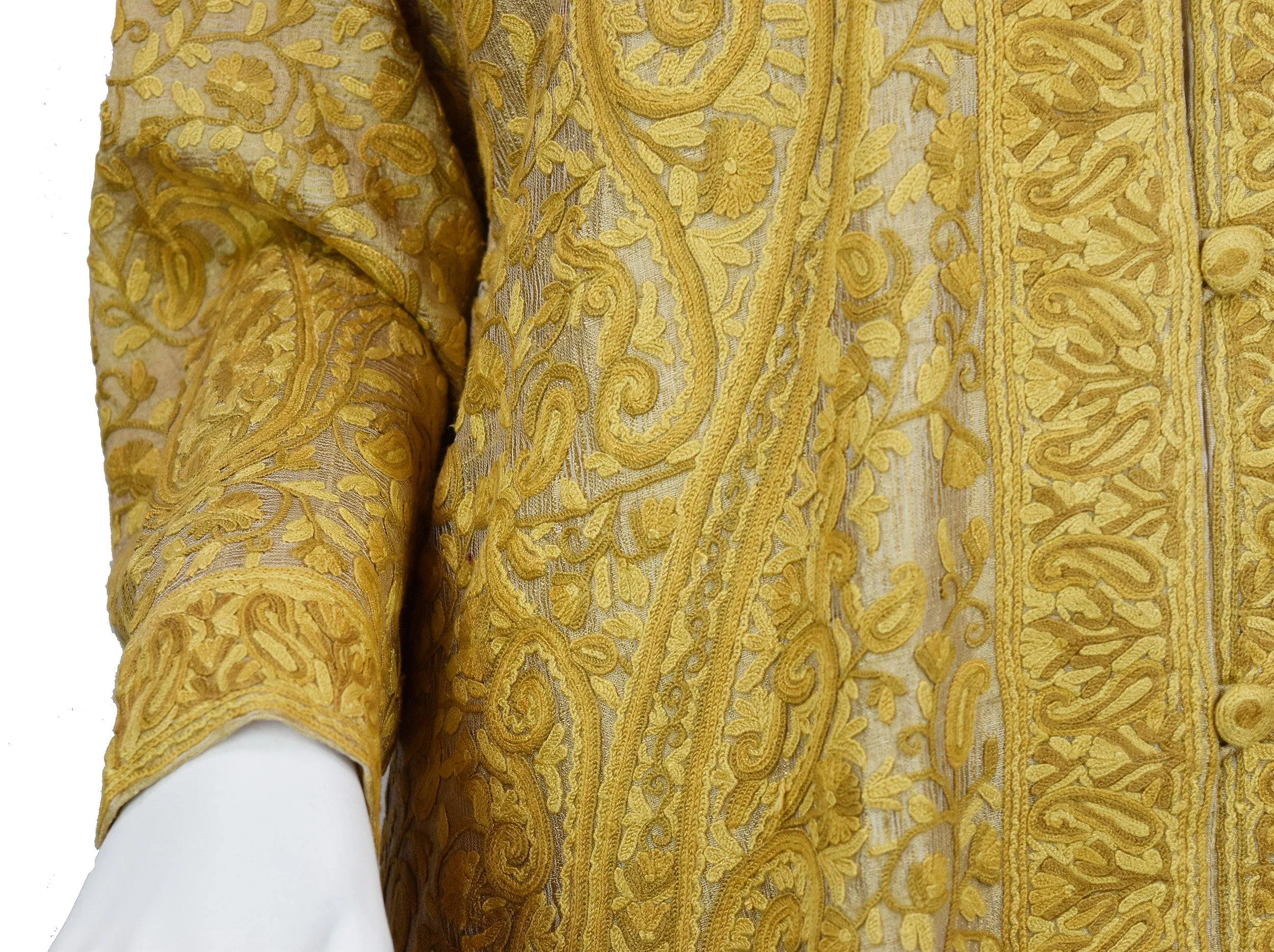 Arete Silk Jacket Dinner Paisley Beige Tan Evening Dress Coat Hand Embroidered Kashmir