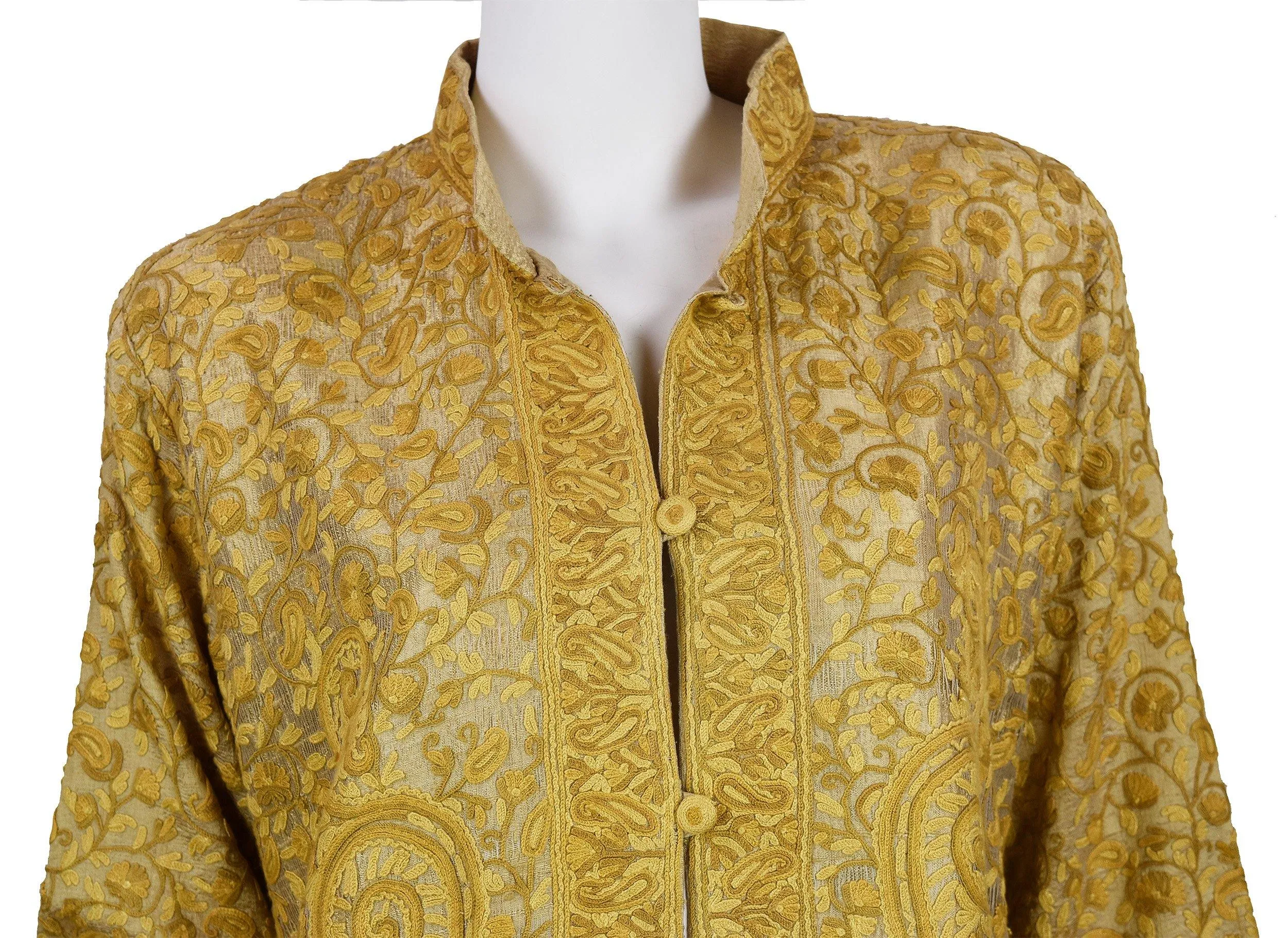 Arete Silk Jacket Dinner Paisley Beige Tan Evening Dress Coat Hand Embroidered Kashmir