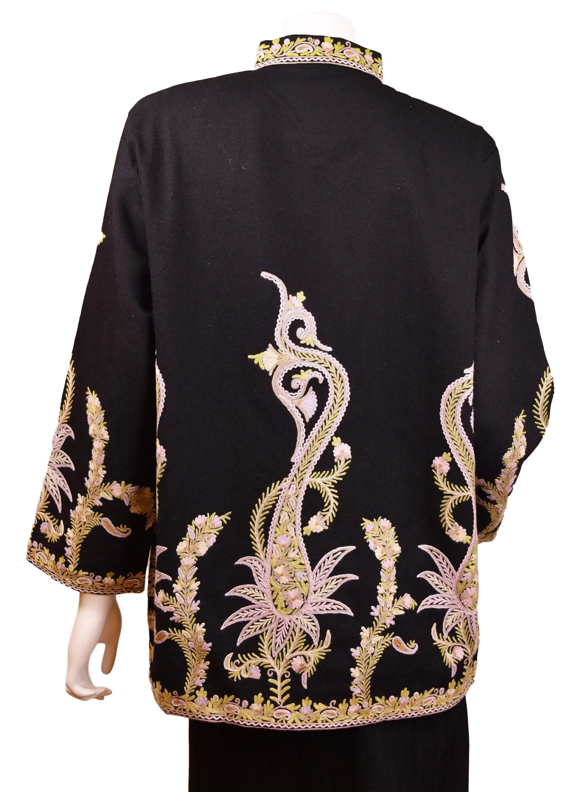 Asteria Black Jacket Dinner Cashmere Evening Dress Coat Paisley Hand Embroidered Kashmir