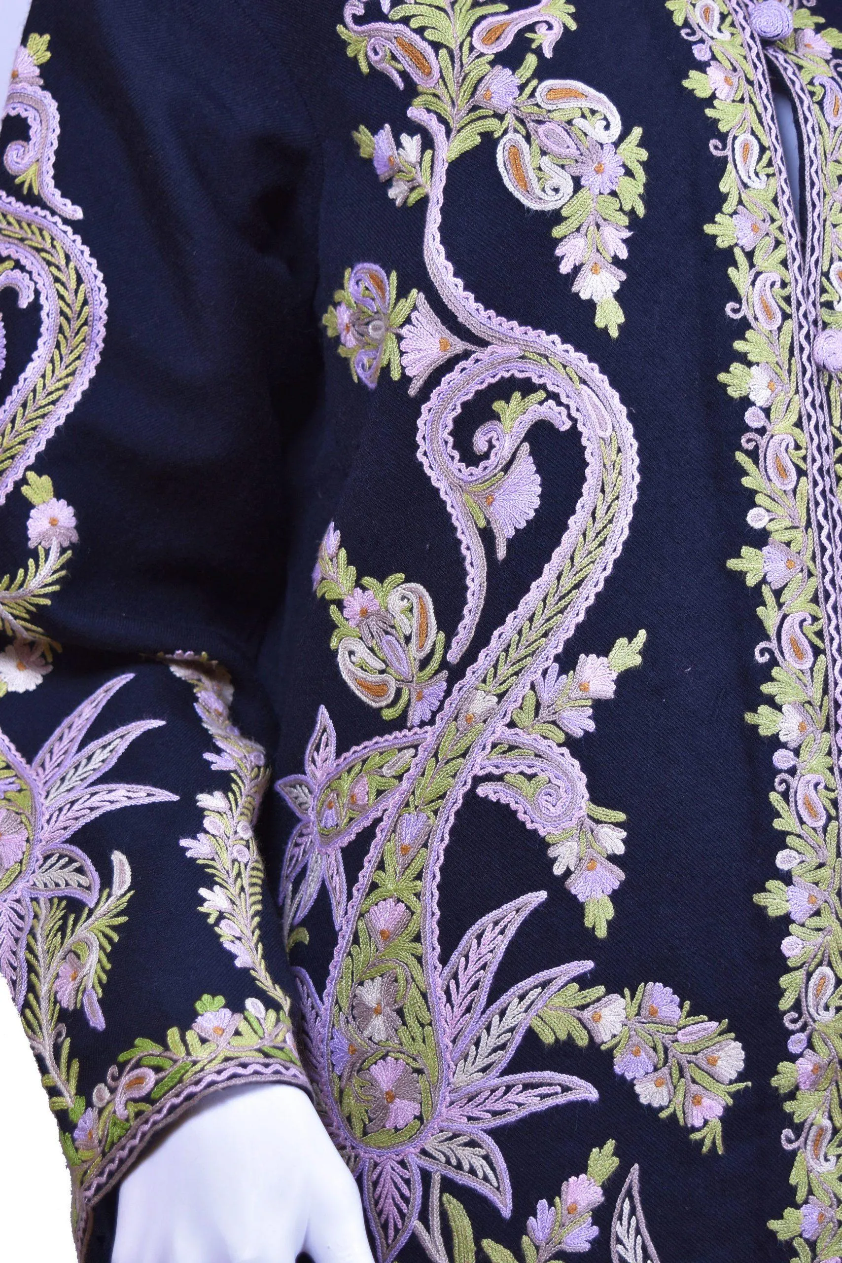 Asteria Black Jacket Dinner Cashmere Evening Dress Coat Paisley Hand Embroidered Kashmir
