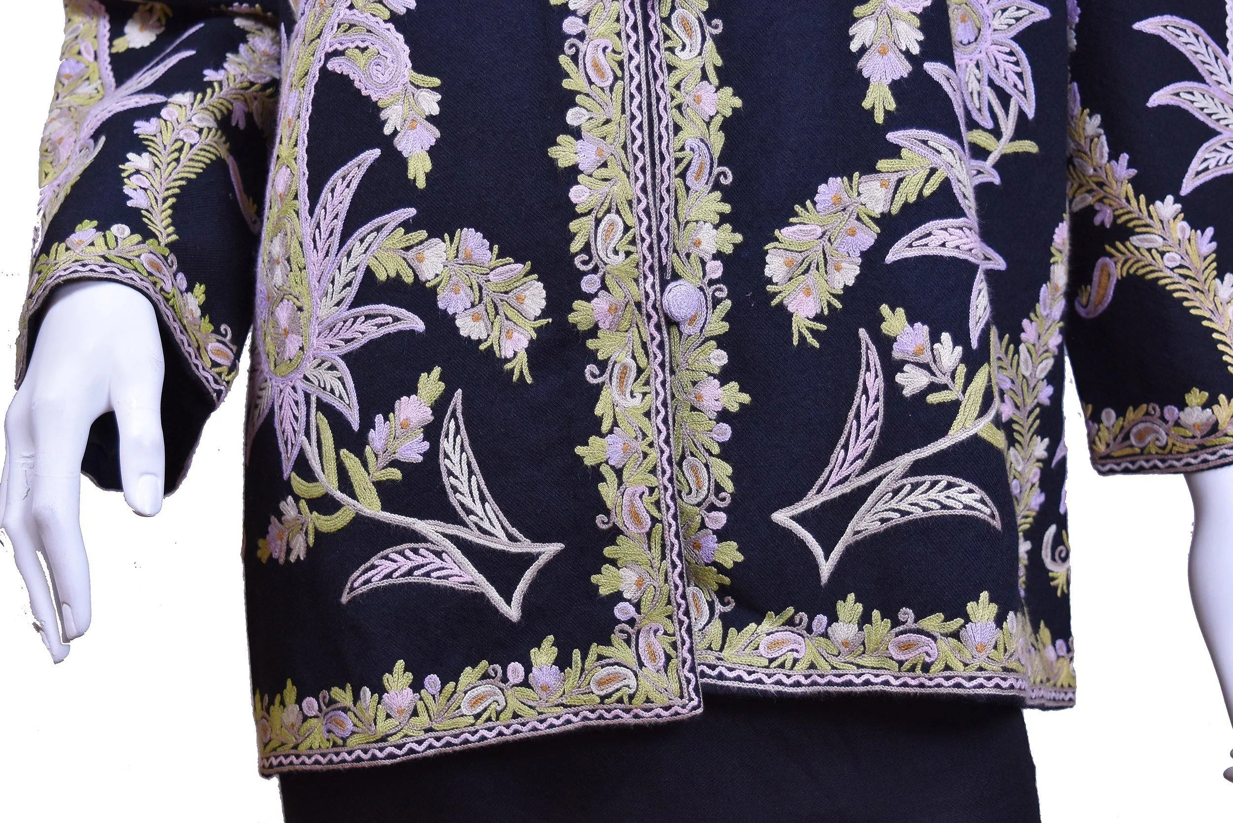 Asteria Black Jacket Dinner Cashmere Evening Dress Coat Paisley Hand Embroidered Kashmir