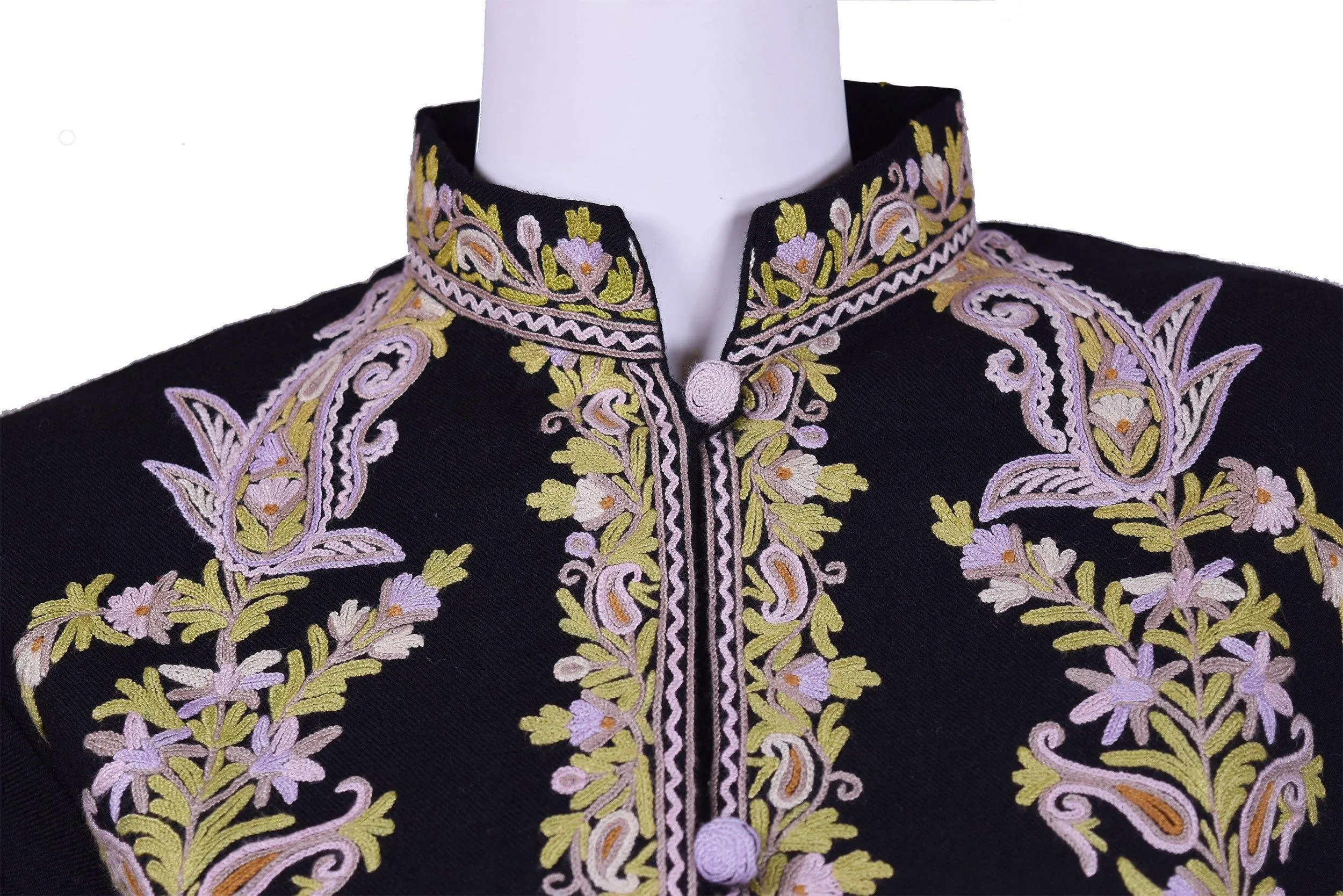 Asteria Black Jacket Dinner Cashmere Evening Dress Coat Paisley Hand Embroidered Kashmir