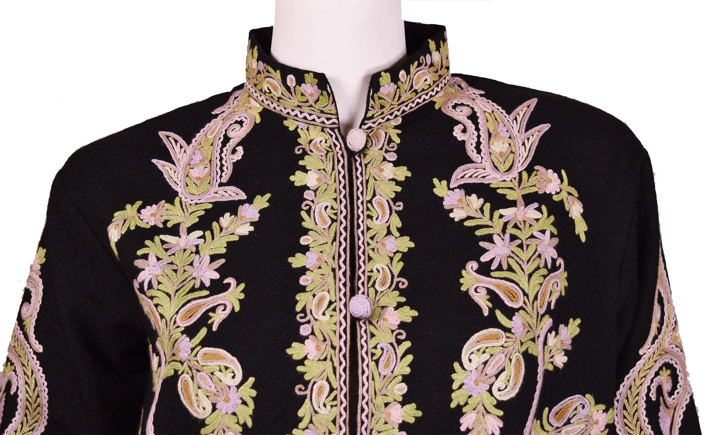 Asteria Black Jacket Dinner Cashmere Evening Dress Coat Paisley Hand Embroidered Kashmir