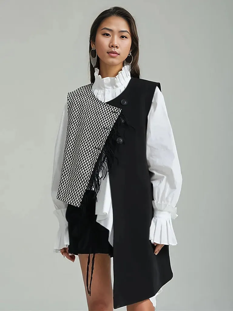 Asymmetrical Patchwork Vest with Fringe Decoration – Edgy Office Style