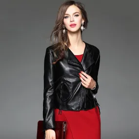 Autumn Ladies Motorcycle Leather Jacket Turn down Collar