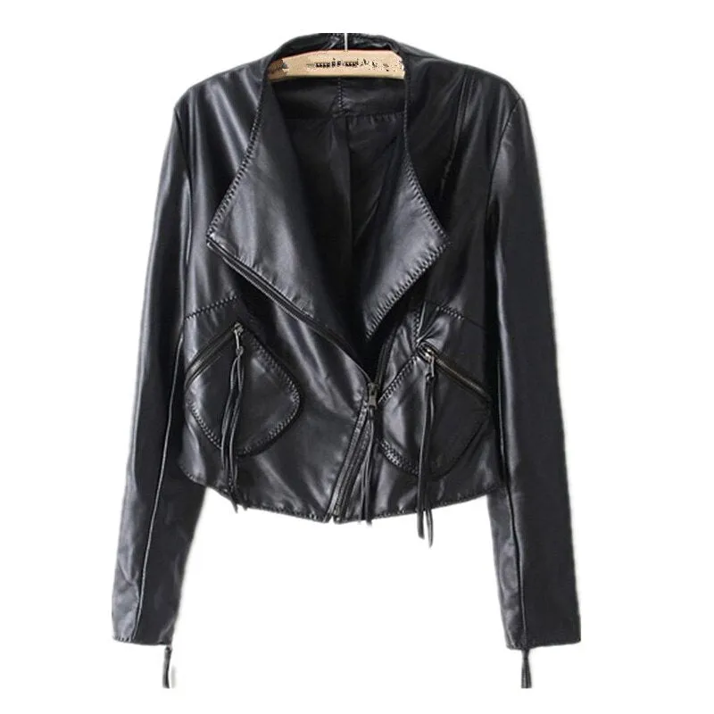 Autumn Ladies Motorcycle Leather Jacket Turn down Collar