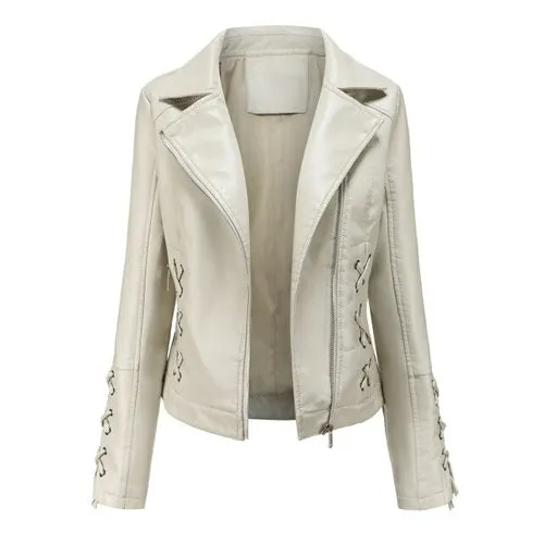 Autumn Women's Leather Jacket Slim Turn down Collar Short PU Leather