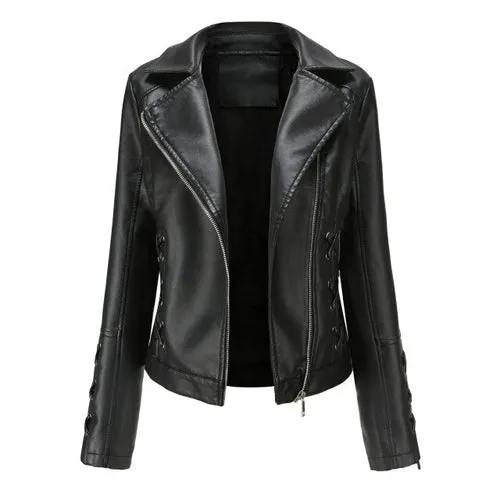 Autumn Women's Leather Jacket Slim Turn down Collar Short PU Leather