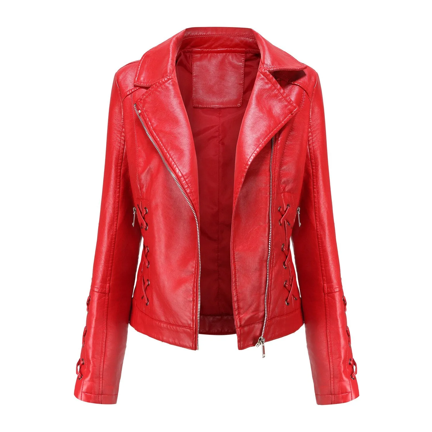 Autumn Women's Leather Jacket Slim Turn down Collar Short PU Leather