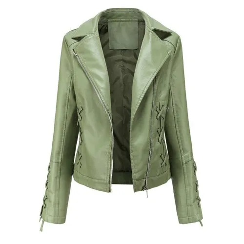 Autumn Women's Leather Jacket Slim Turn down Collar Short PU Leather