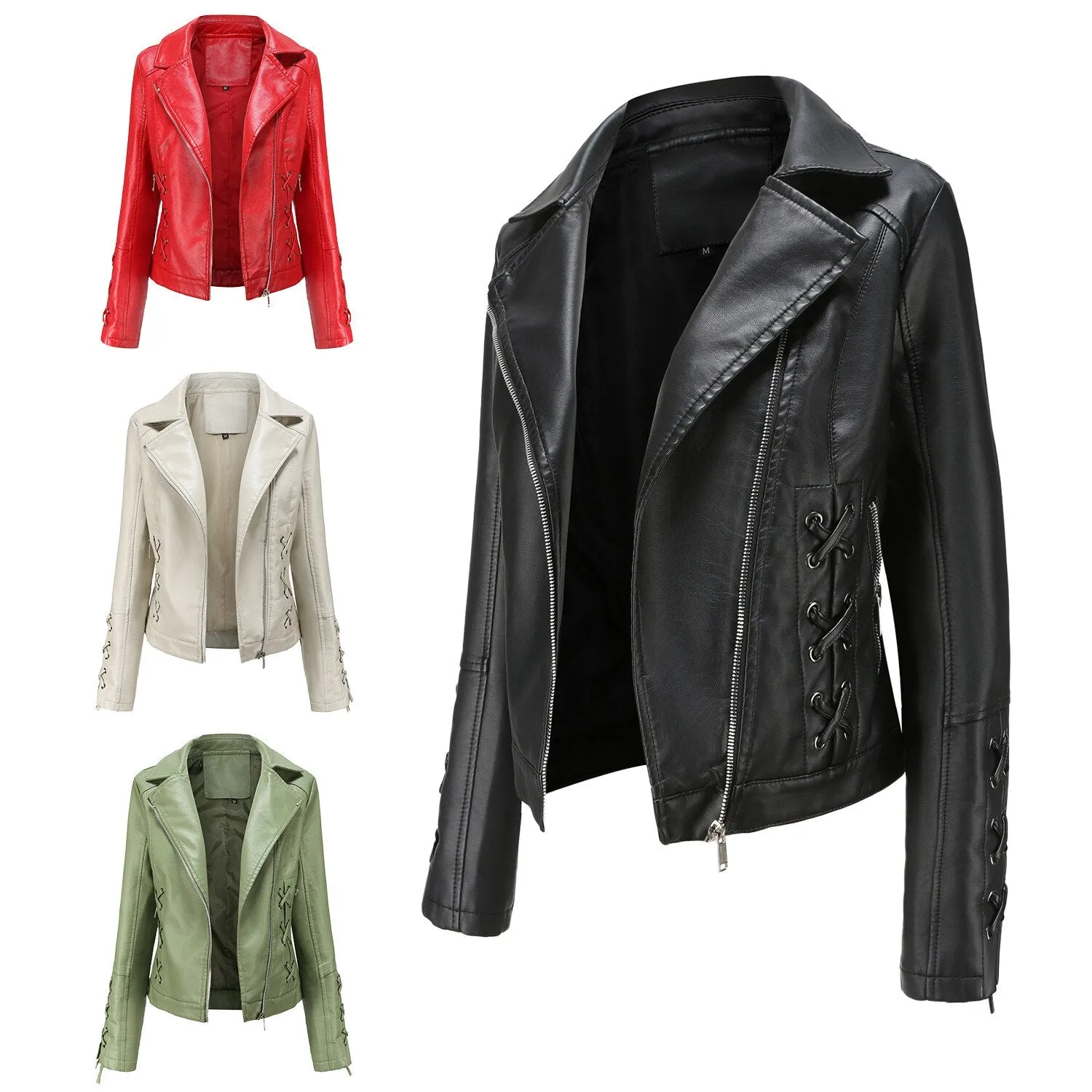 Autumn Women's Leather Jacket Slim Turn down Collar Short PU Leather