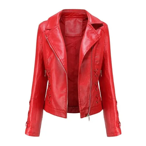 Autumn Women's Leather Jacket Slim Turn down Collar Short PU Leather