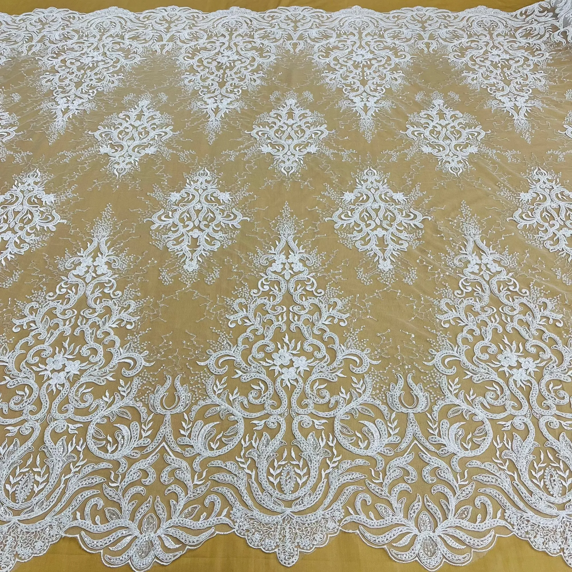 Beaded & Corded Bridal Lace Fabric Embroidered on 100% Polyester Net Mesh | Lace USA - GD-12266