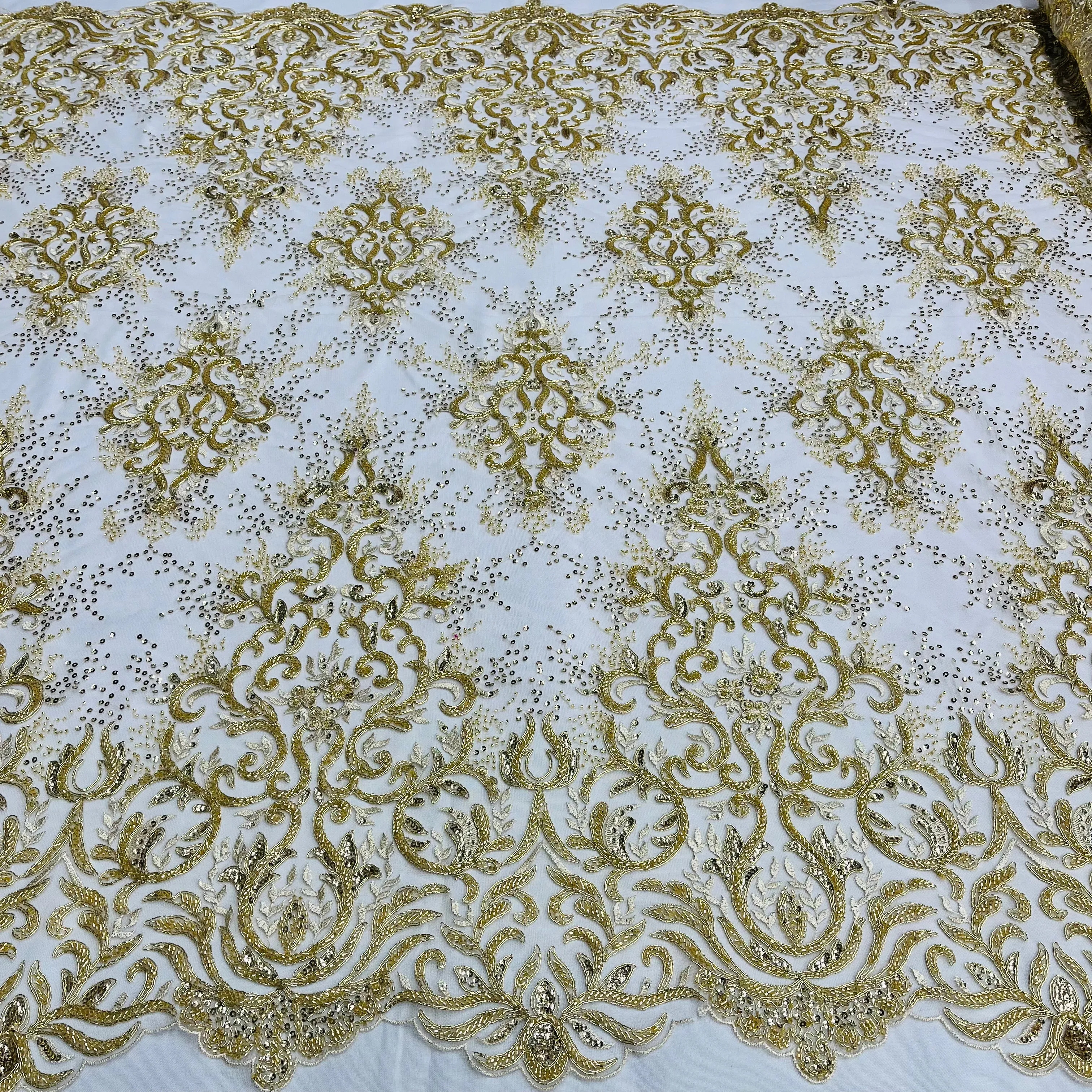 Beaded & Corded Bridal Lace Fabric Embroidered on 100% Polyester Net Mesh | Lace USA - GD-12266
