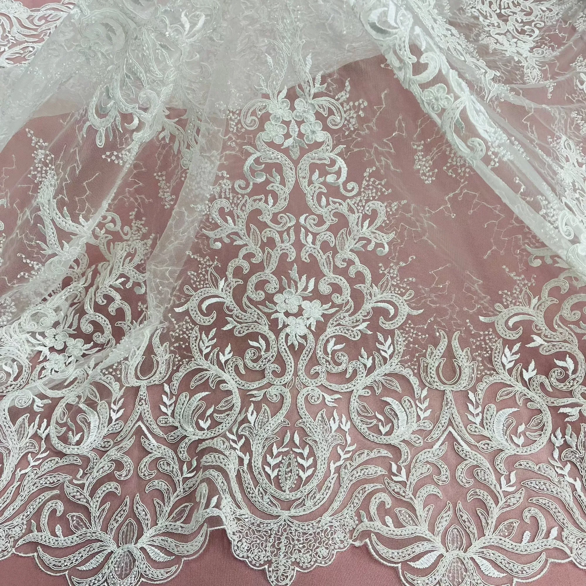Beaded & Corded Bridal Lace Fabric Embroidered on 100% Polyester Net Mesh | Lace USA - GD-12266
