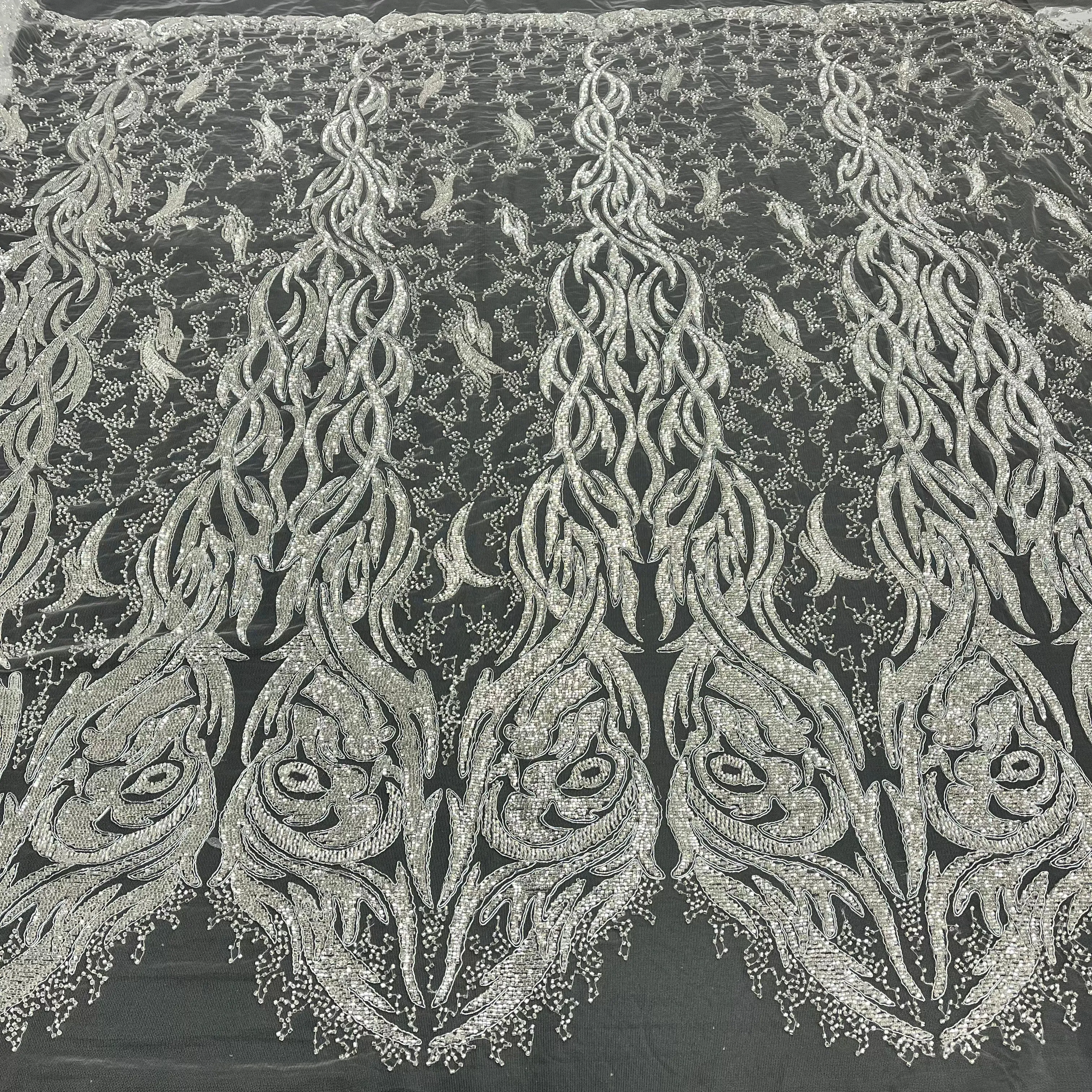 Beaded & Corded Bridal Lace Fabric Embroidered on 100% Polyester Net Mesh | Lace USA -GD-12622