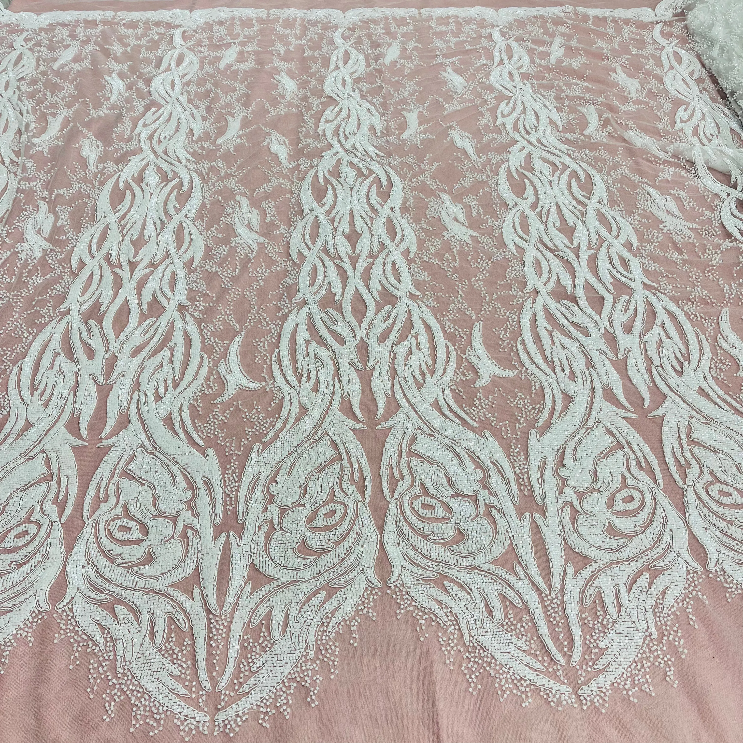 Beaded & Corded Bridal Lace Fabric Embroidered on 100% Polyester Net Mesh | Lace USA -GD-12622