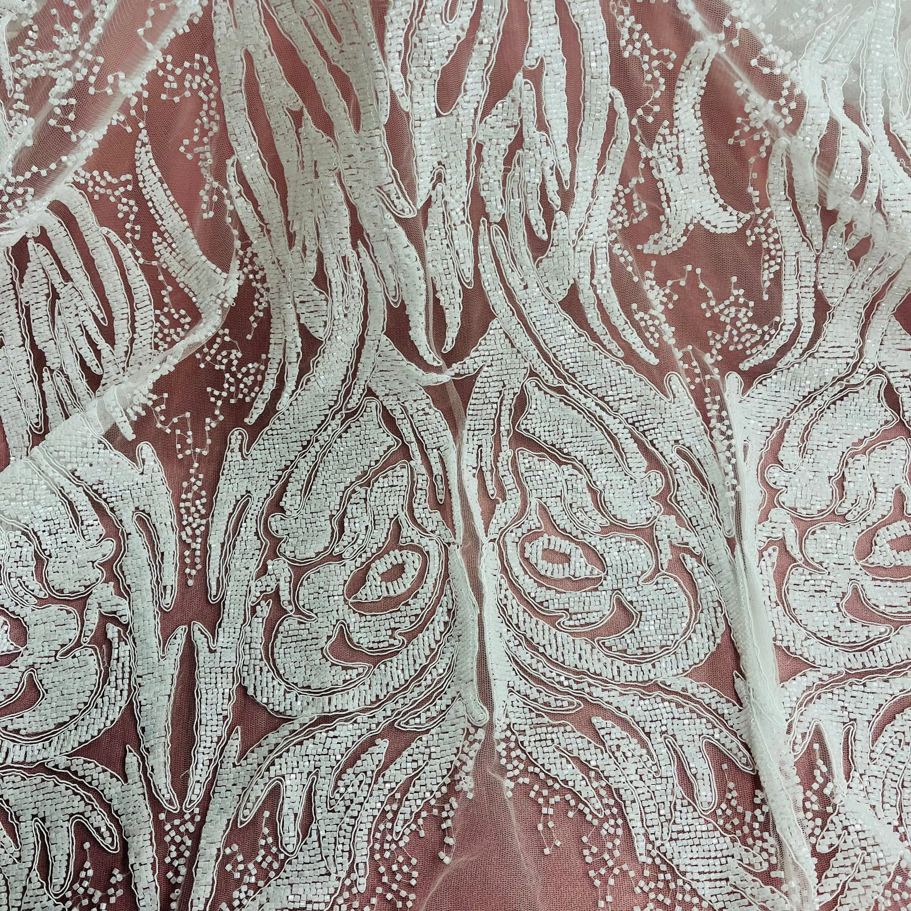 Beaded & Corded Bridal Lace Fabric Embroidered on 100% Polyester Net Mesh | Lace USA -GD-12622