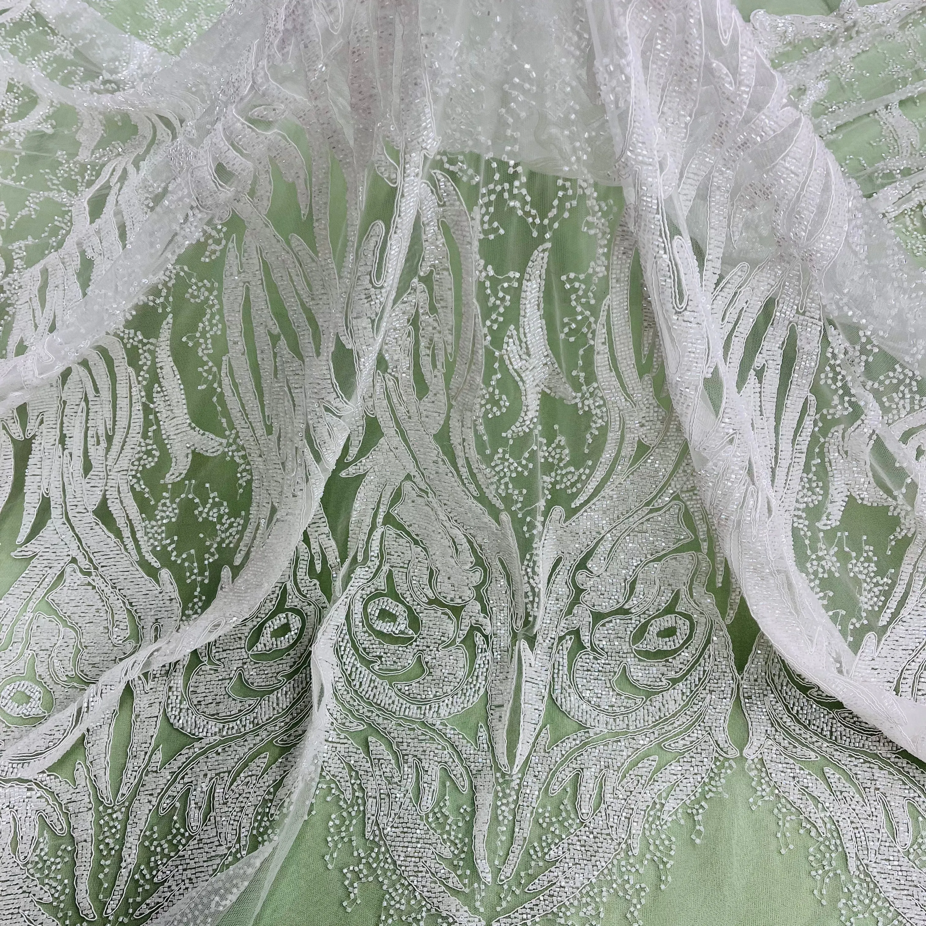 Beaded & Corded Bridal Lace Fabric Embroidered on 100% Polyester Net Mesh | Lace USA -GD-12622