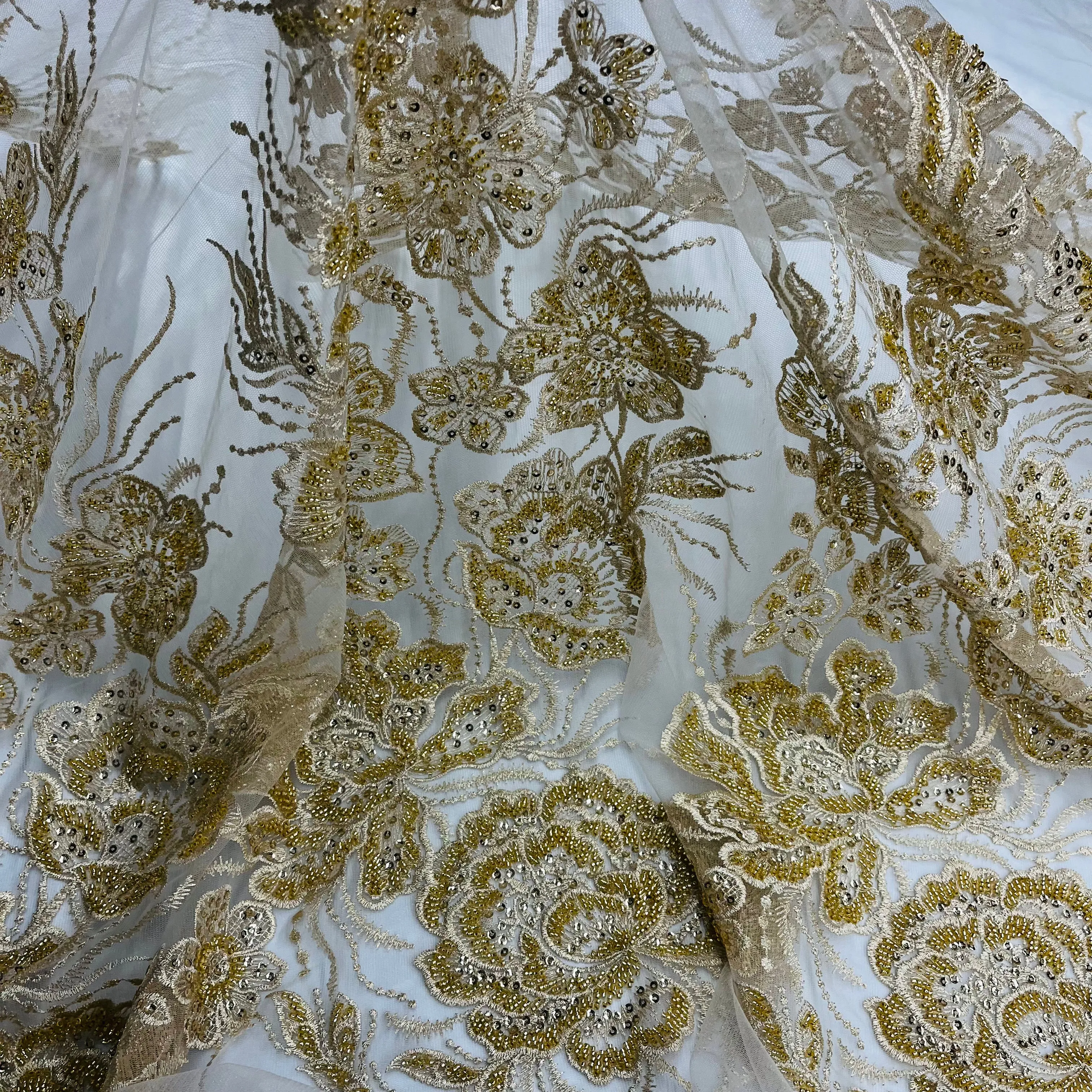 Beaded Lace Fabric Embroidered on 100% Polyester Net Mesh | Lace USA - GD-67313