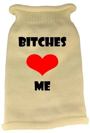 Bitches Love Me Screen Print Knit Pet Sweater SM Cream