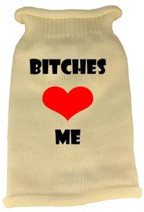 Bitches Love Me Screen Print Knit Pet Sweater SM Cream