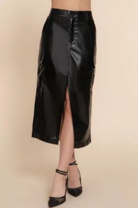 Black Faux Leather Midi Cargo Skirt