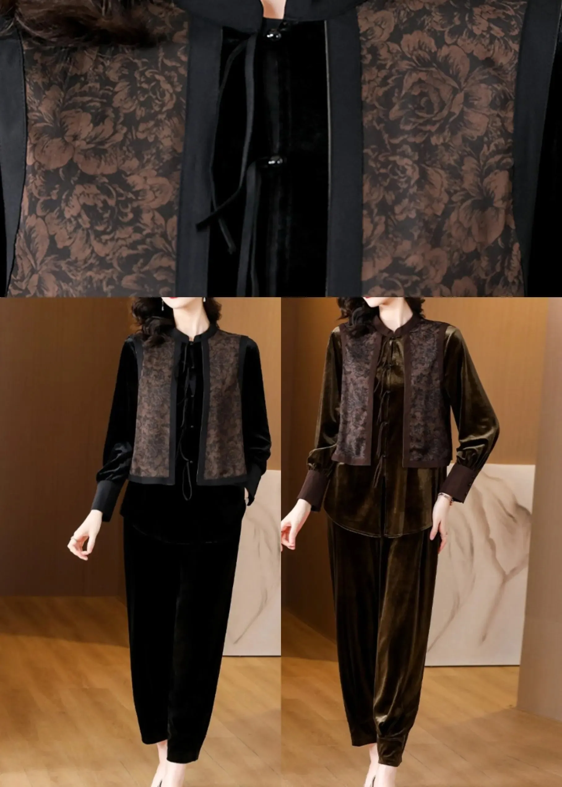 Black O-Neck Print Silk Velour Shirts And Harem Pants Two Pieces Set Fall ML0883