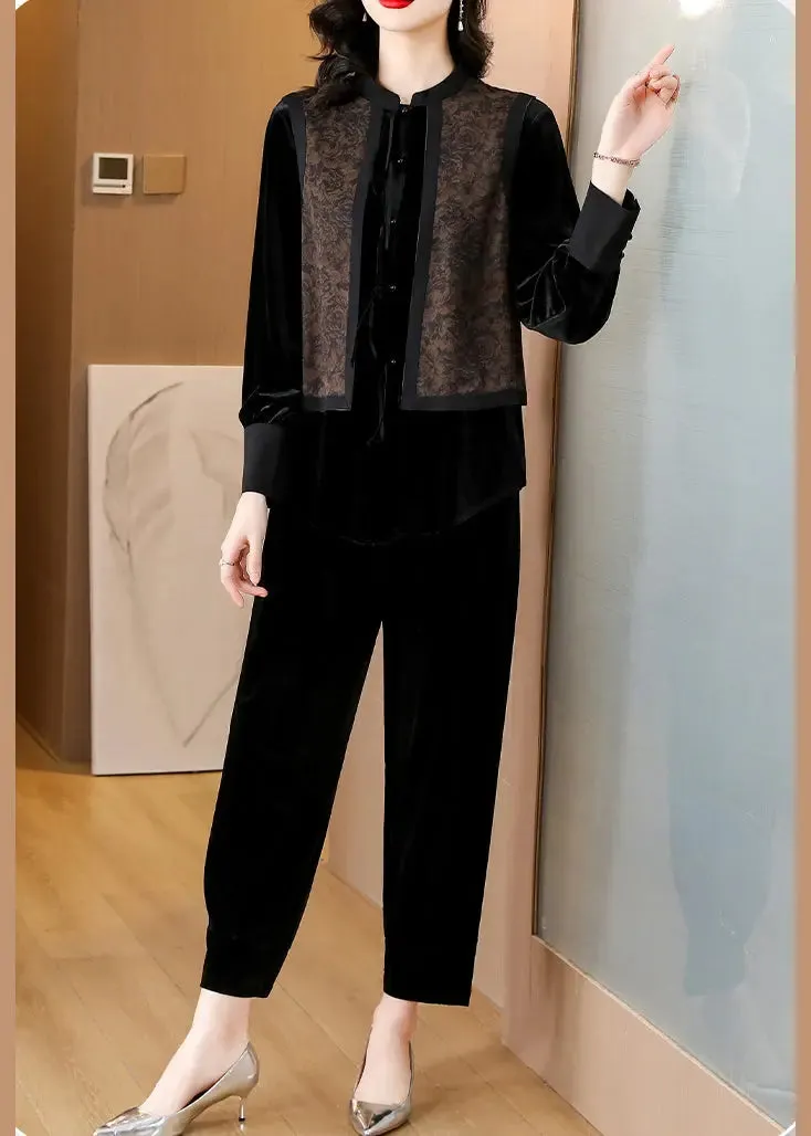 Black O-Neck Print Silk Velour Shirts And Harem Pants Two Pieces Set Fall ML0883