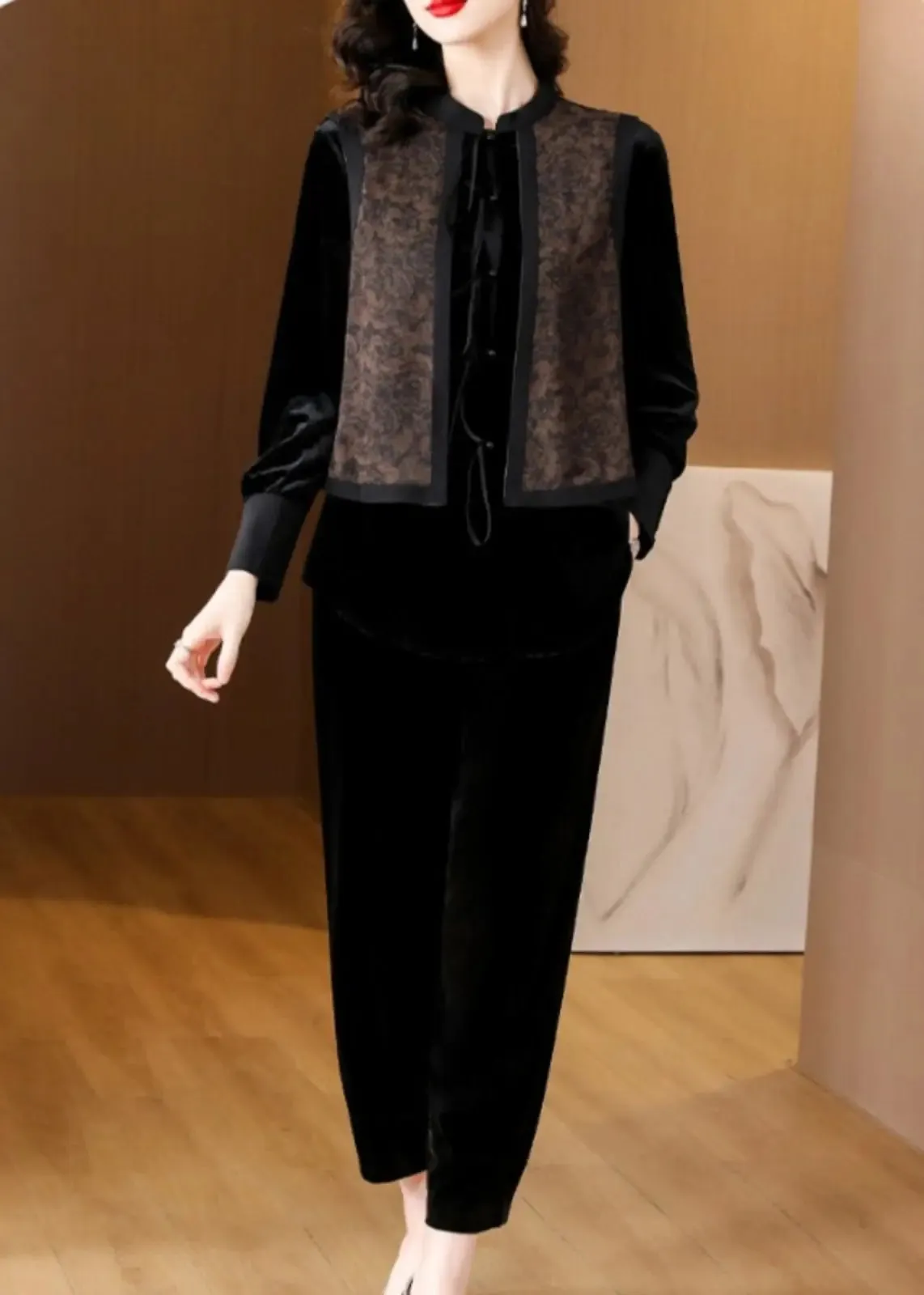 Black O-Neck Print Silk Velour Shirts And Harem Pants Two Pieces Set Fall ML0883