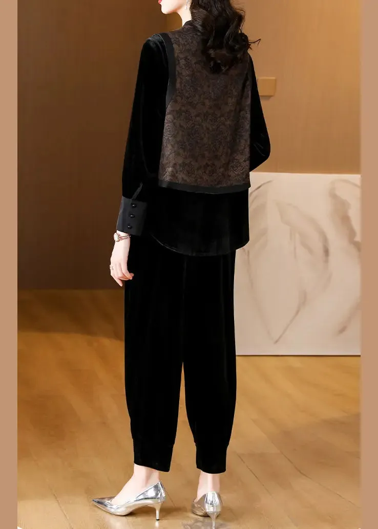 Black O-Neck Print Silk Velour Shirts And Harem Pants Two Pieces Set Fall ML0883