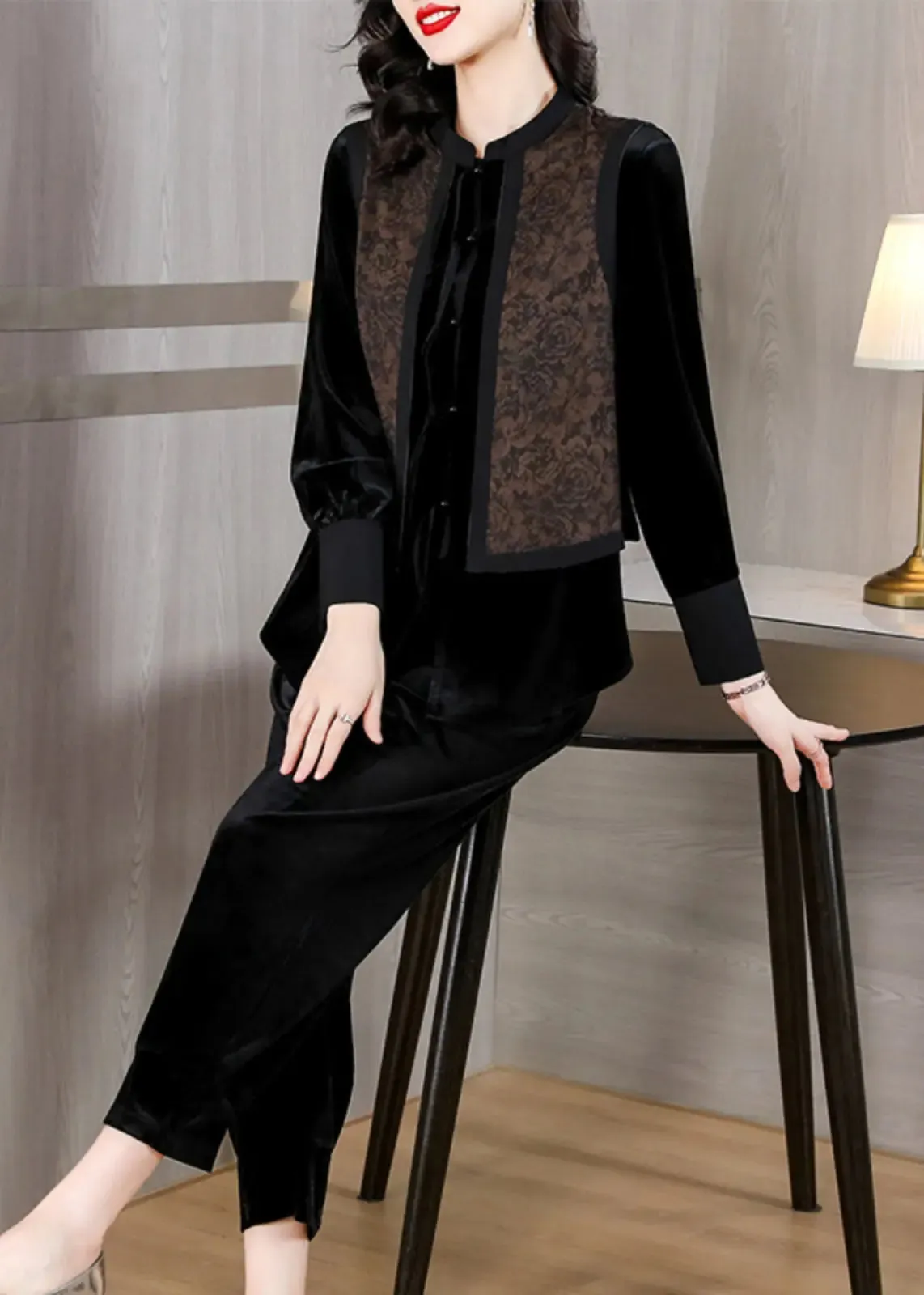 Black O-Neck Print Silk Velour Shirts And Harem Pants Two Pieces Set Fall ML0883