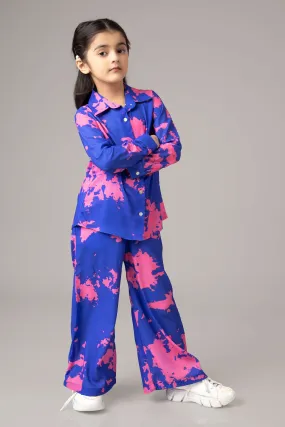 Blue Tie And Dye Notched Collar Co-ord Set For Girls