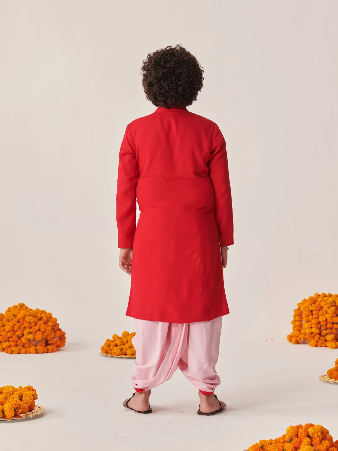 Boys Floral Embroidered Regular Kurta With Dhoti Pants (KP-REDPINKDHOTI)
