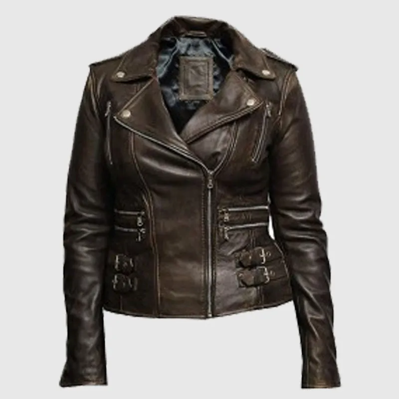 Buy Women's Genuine Fashion Leather Biker Jacket Fitted Brando Vintage Rock