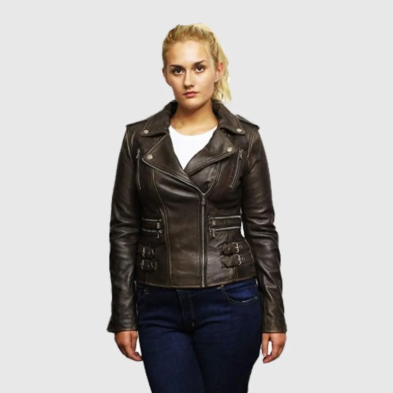 Buy Women's Genuine Fashion Leather Biker Jacket Fitted Brando Vintage Rock