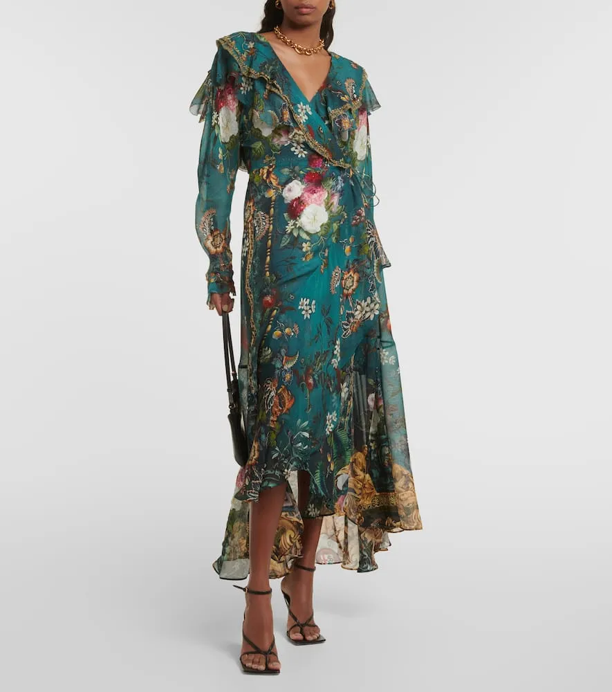 Camilla Ruffled silk midi wrap dress