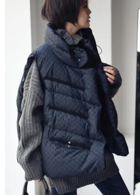 Chic Blue Stand Collar Drawstring Print Button Duck Down Filled Waistcoat Winter Chic Blue Stand Collar Drawstring Print Button Duck Down Filled Waistcoat Winter