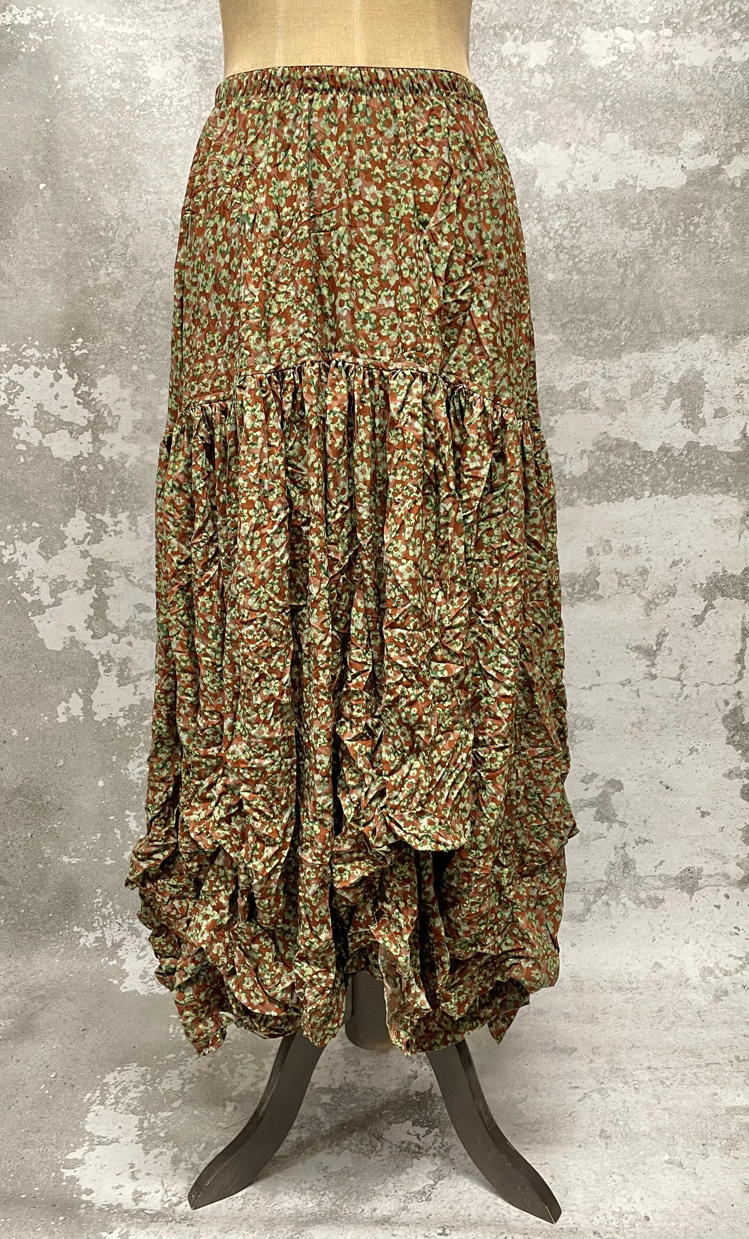 Copper and green crushed floral rouch skirt