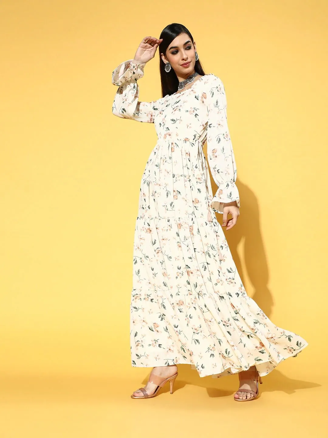 Cream Polyester Partywear Floral Dresses
