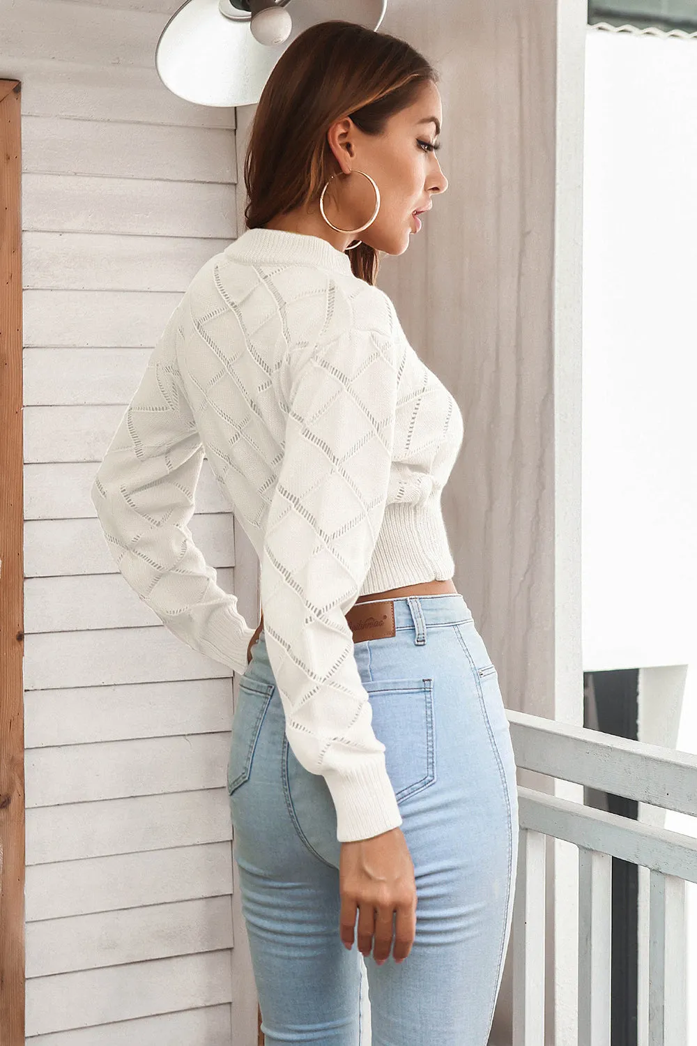 Cropped Sweater Openwork Plaid Round Neck Long Sleeve Fashion Sweater KESLEY