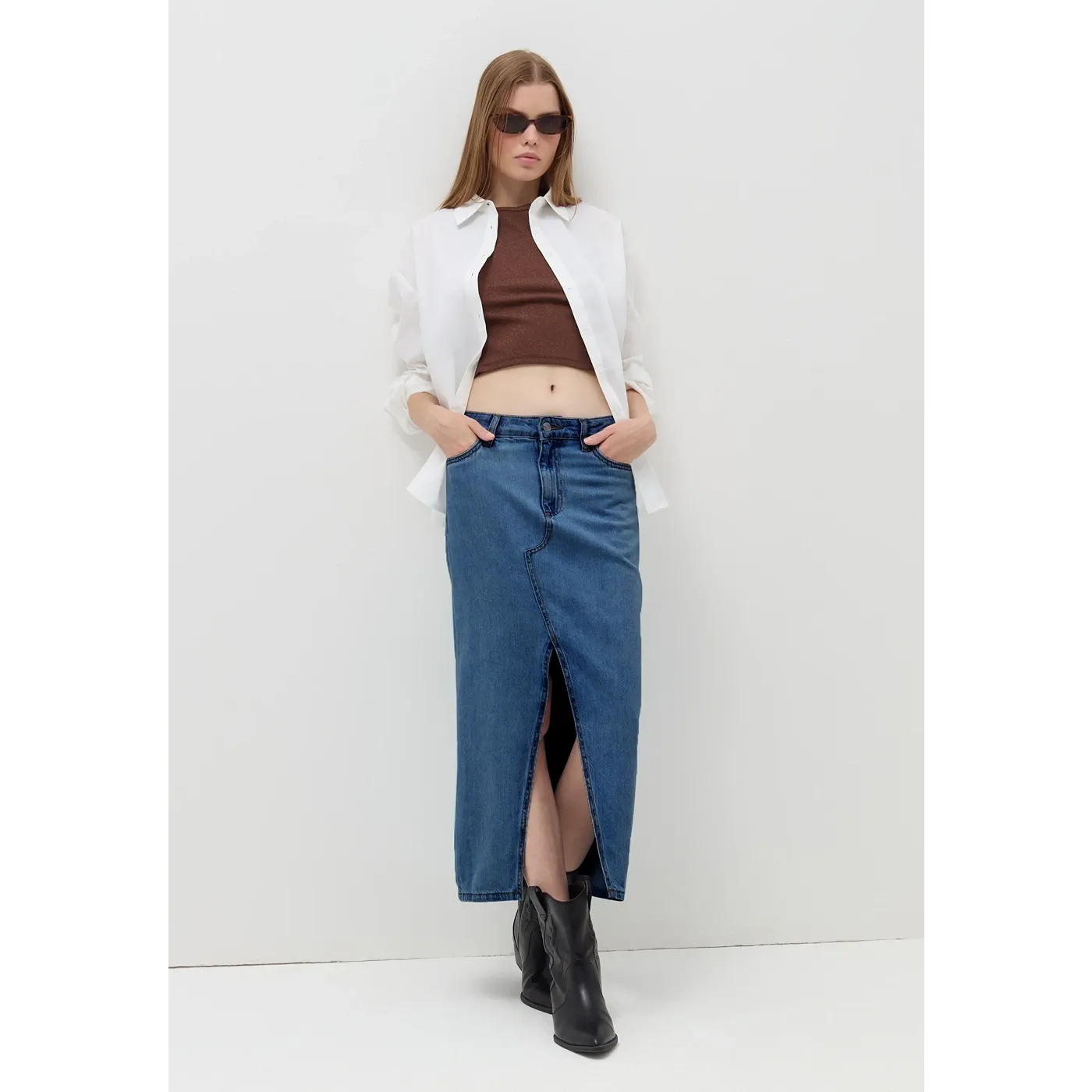 Dark Wash Front Slit Denim Skirt