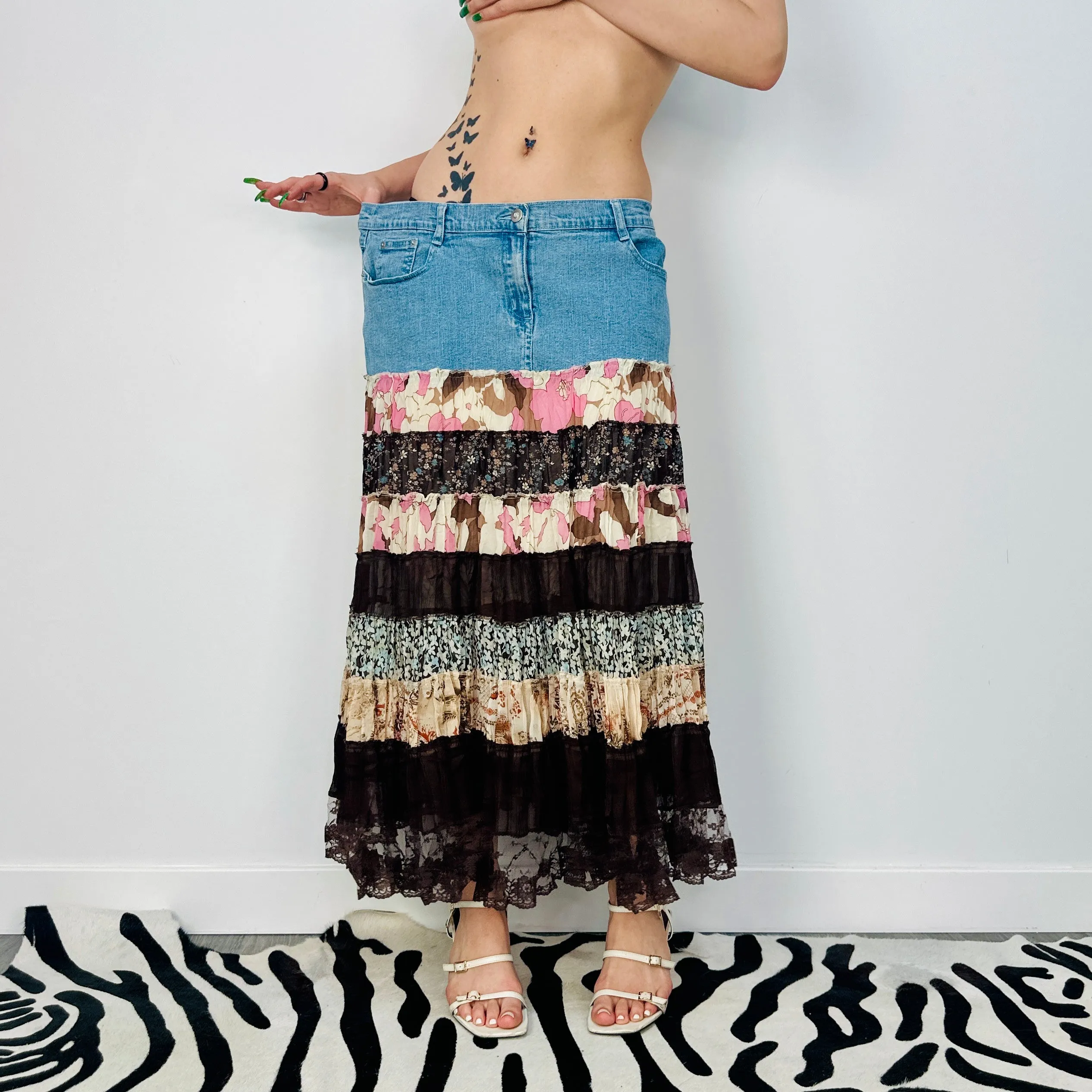 Denim Patchwork Boho Maxi Skirt