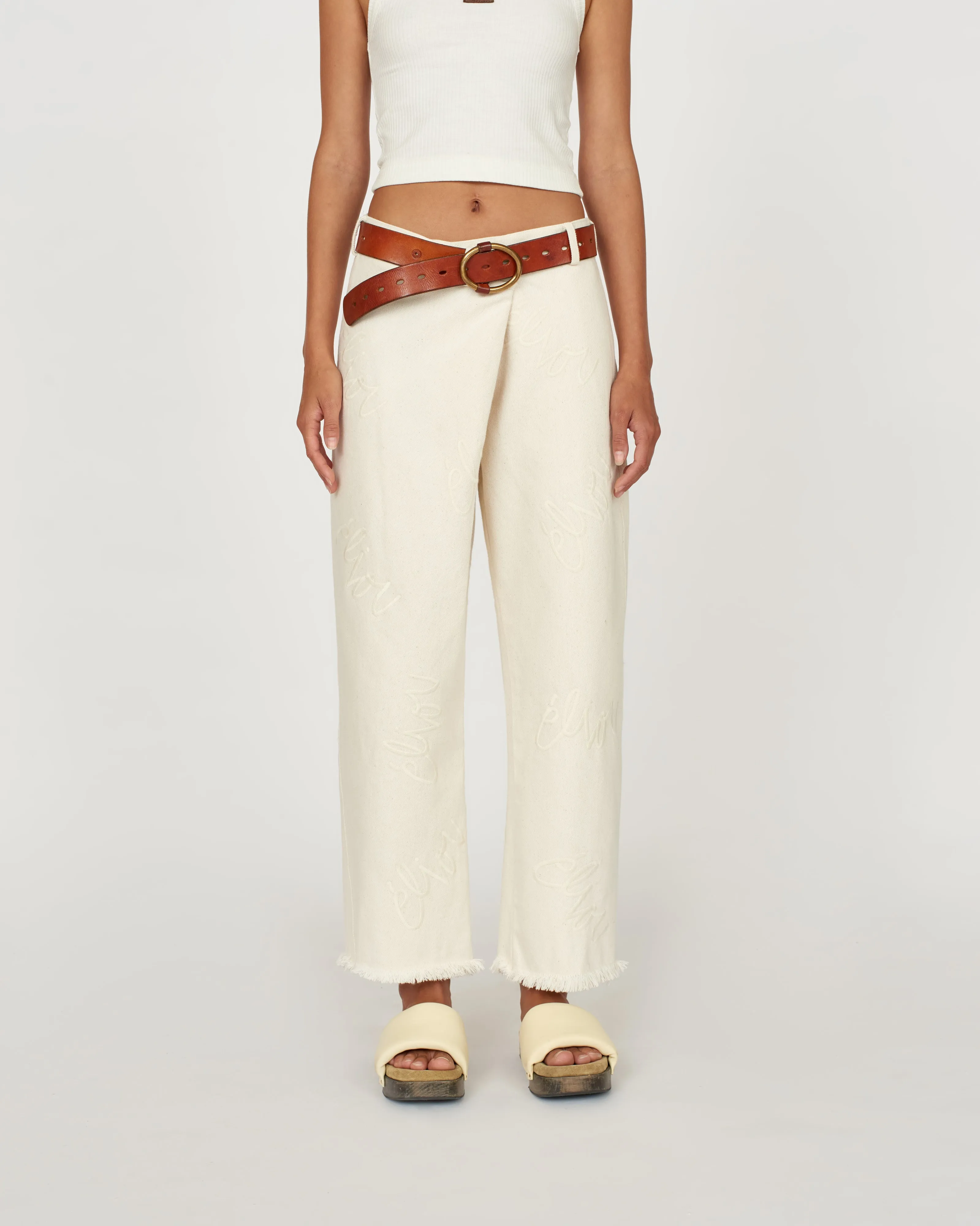 Embroidered Denim Crossover Pant