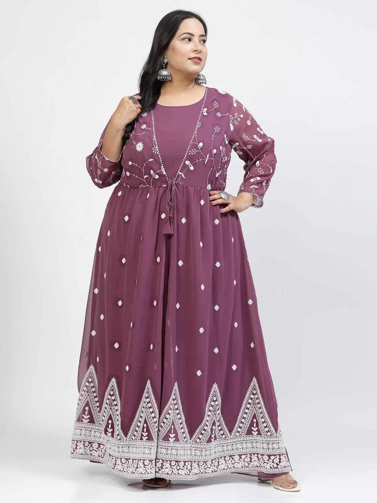 Floral Embroidered Regular Gotta Patti Plus Size Ethnic Dress With Dupatta