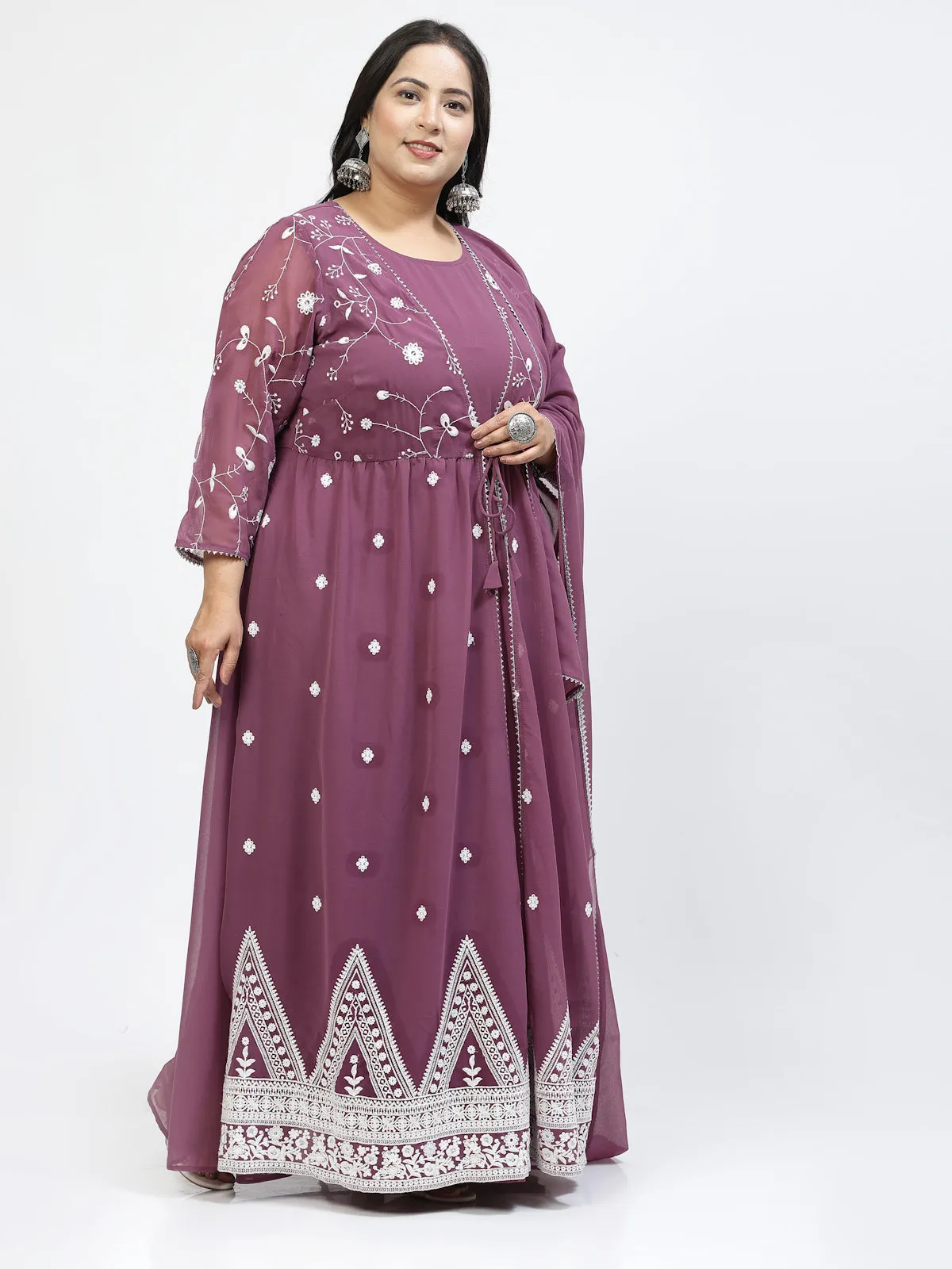 Floral Embroidered Regular Gotta Patti Plus Size Ethnic Dress With Dupatta