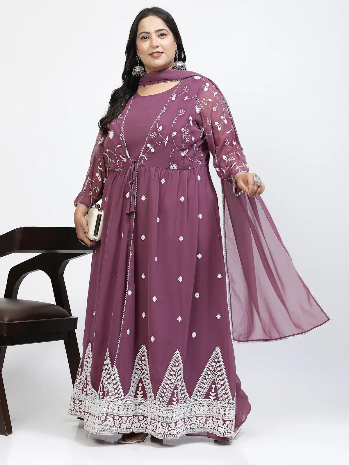 Floral Embroidered Regular Gotta Patti Plus Size Ethnic Dress With Dupatta