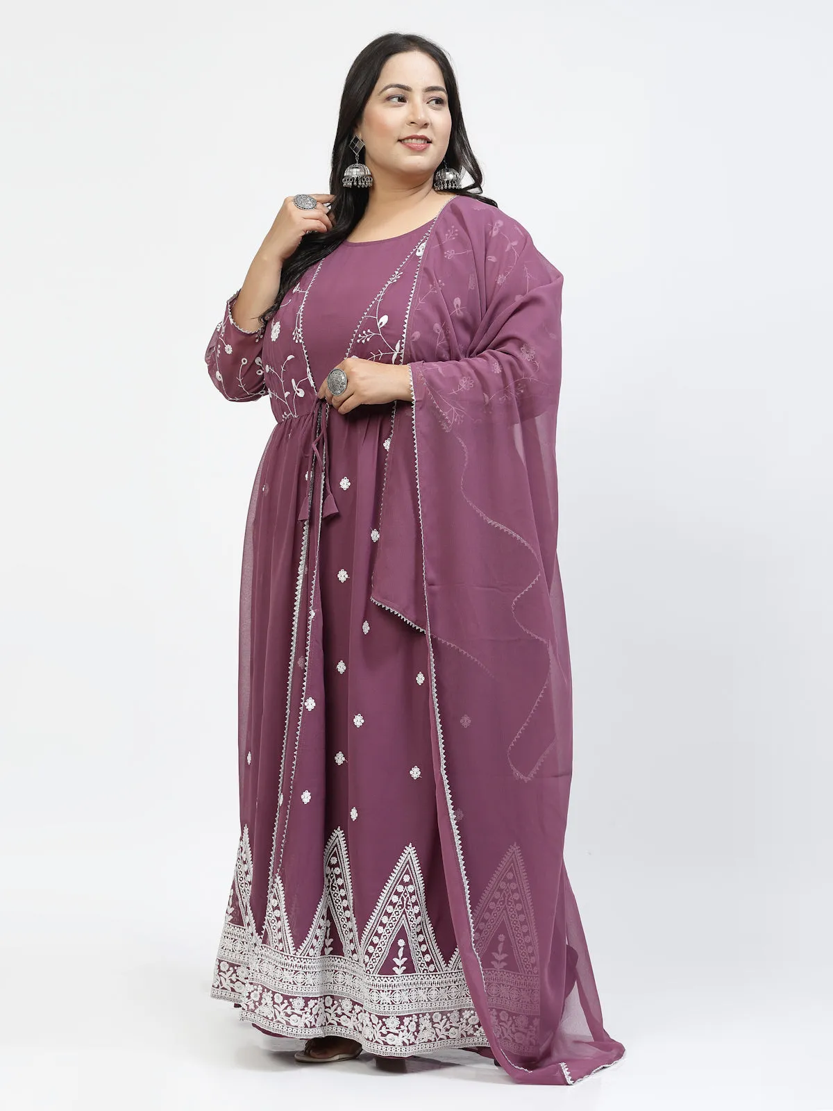 Floral Embroidered Regular Gotta Patti Plus Size Ethnic Dress With Dupatta